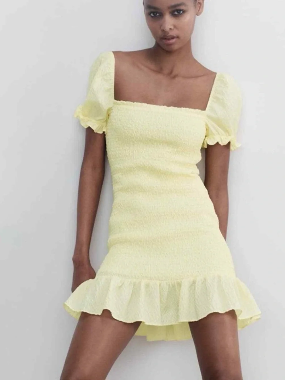 Zara Lemon Smocked Mini Dress with Ruffle Hem - Picture 2 of 7